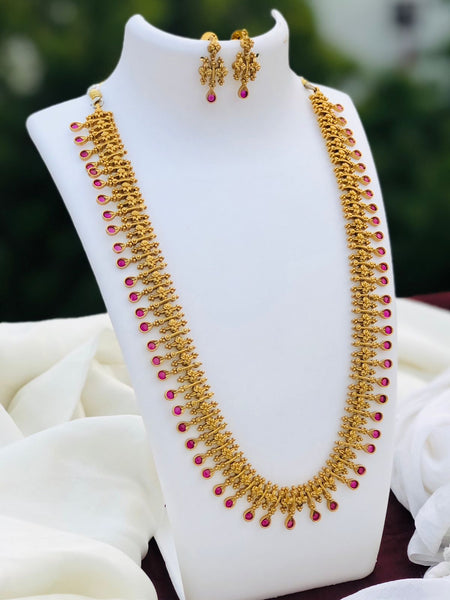 Antique Gold plated Long Haram Necklace Set South Indian Wedding Jewelry