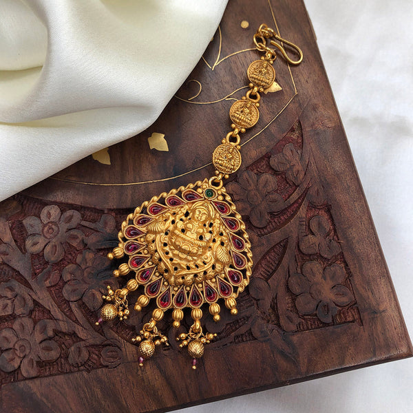 Goddess Gajalakshmi Maang Tikka, With Golden Beads Ruby Stones