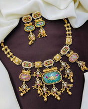Antique Gold-Plated Mint Green & Pink Stone Designer Necklace Set with Chandbali Earrings