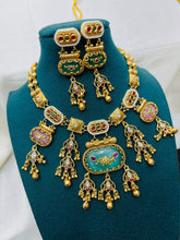 Antique Gold-Plated Mint Green & Pink Stone Designer Necklace Set with Chandbali Earrings