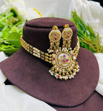 Antique Pearl Beaded Pendant Necklace Set with Kundan Stones & Matching Earrings