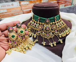 Royal Green Beaded Antique Choker Necklace Set with Long Tassel Earrings | Bridal & Festive Jewelry  Product Description: