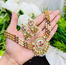 Antique Pearl Beaded Pendant Necklace Set with Kundan Stones & Matching Earrings