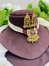 Antique Pearl Multi-Strand Choker Set with Kundan Pendant & Earrings