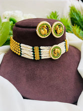 Traditional Peacock Pearl Choker Set with Green Stones