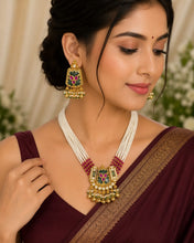 Antique Pearl Multi-Strand Choker Set with Kundan Pendant & Earrings
