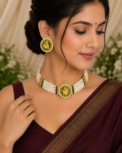 Traditional Peacock Pearl Choker Set with Green Stones