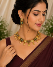Antique Lotus Motif Choker Necklace Set with Matching Earrings