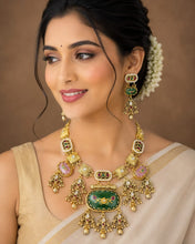 Antique Gold-Plated Mint Green & Pink Stone Designer Necklace Set with Chandbali Earrings