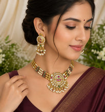 Antique Pearl Beaded Pendant Necklace Set with Kundan Stones & Matching Earrings