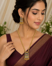 Antique Floral Pendant Long Necklace Set with Matching Earrings
