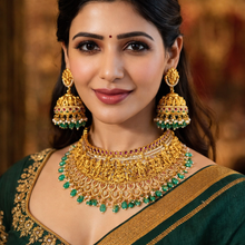 Temple Jewellery Bridal Choker Set with Jhumka Earrings, South Indian Lakshmi Gold Necklace Set, Green Beads Traditional Wedding Jewelry