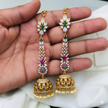 Regal Temple Design Jhumkas with Maatilu/Kaan Chain - Red & Green Stones
