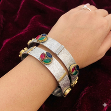Handcrafted Dual-Tone Silver Kada Bangles with Multi-Color Stone Accents (Set of 2)