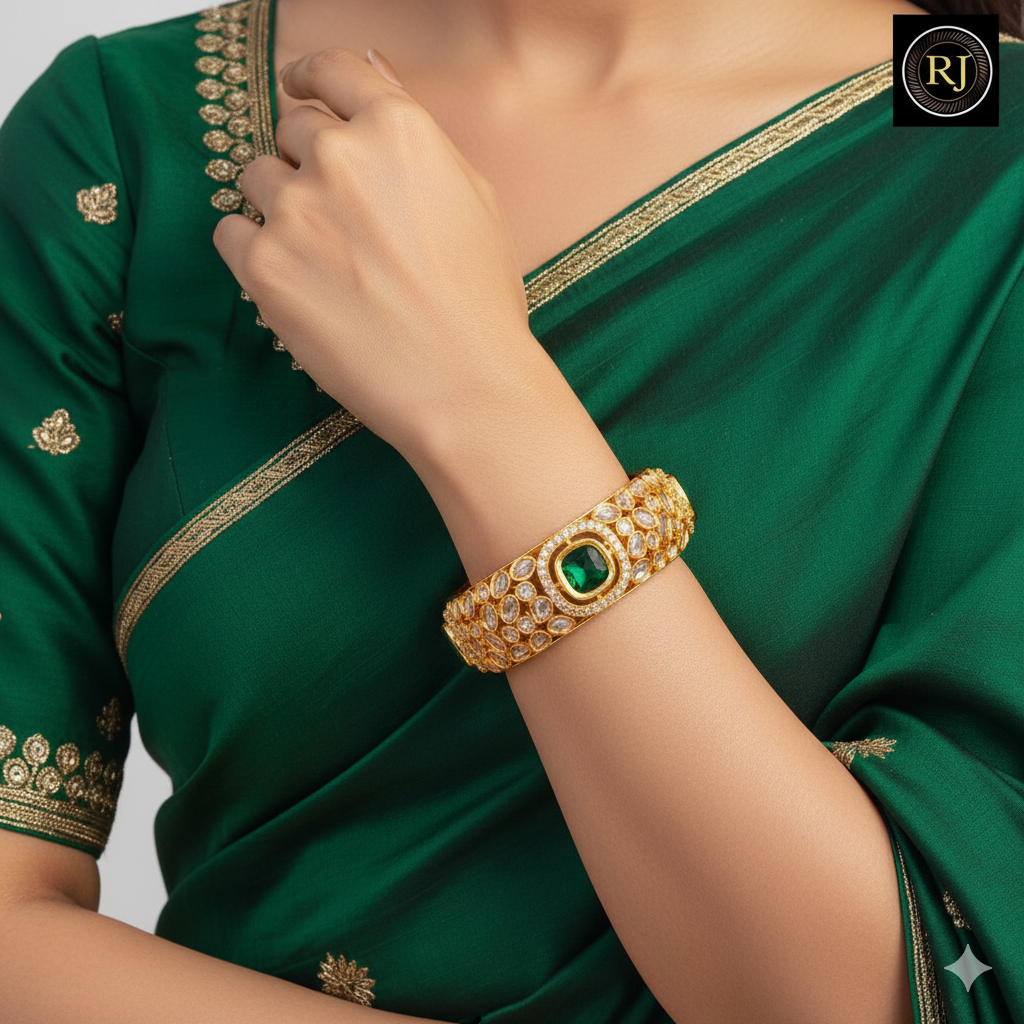 Royal Kundan Polki Broad Kada Bangle Set | Gold Plated Meenakari Bridal Kadas