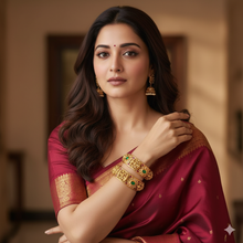 Exquisite Lakshmi Devi Ruby Emerald Gold-Plated Bangles - Traditional Temple Jewelry