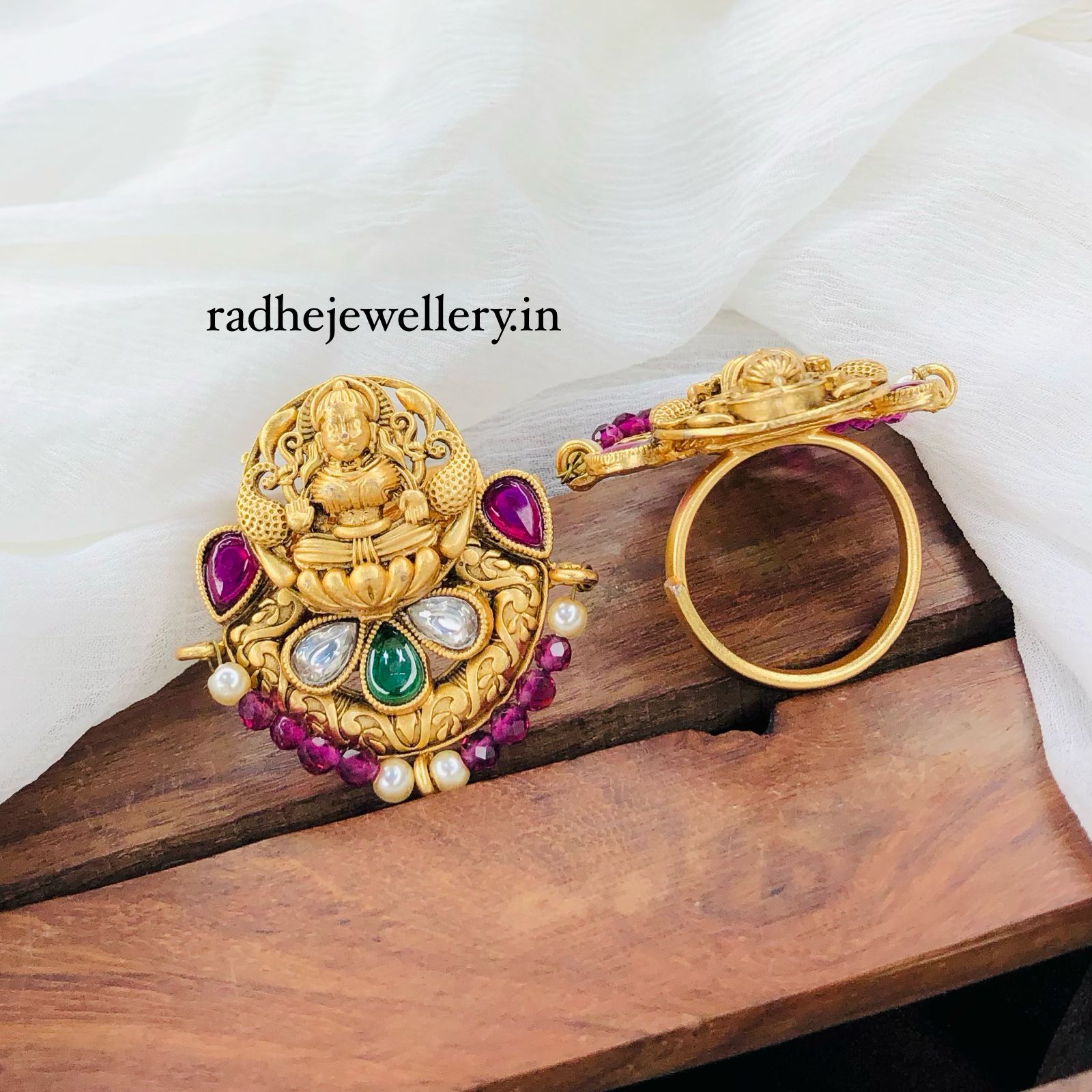 Lakshmi Devi Rajwadi Finger Ring, Gold Plated, Size Adjustable