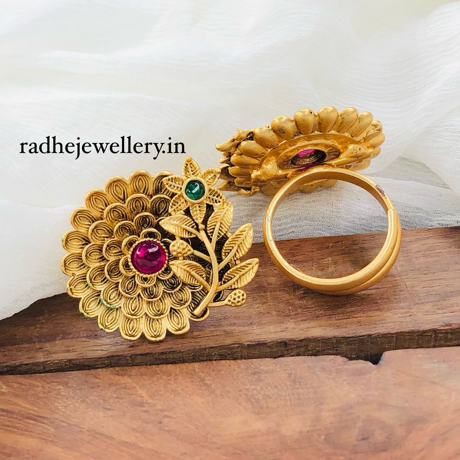 Blooming Flowers Rajwadi Finger Ring, Gold Plated, Size Adjustable