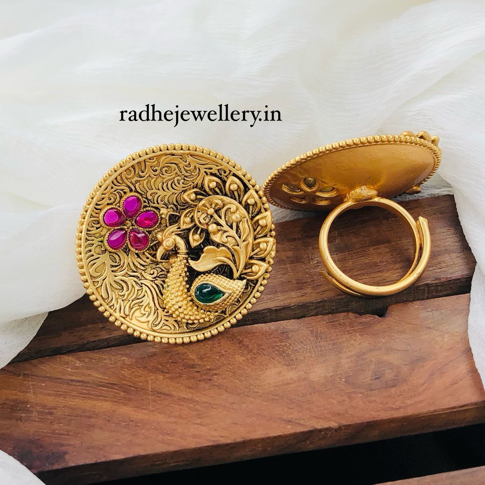 Peacock Design Rajwadi Finger Ring, Gold Plated, Size Adjustable