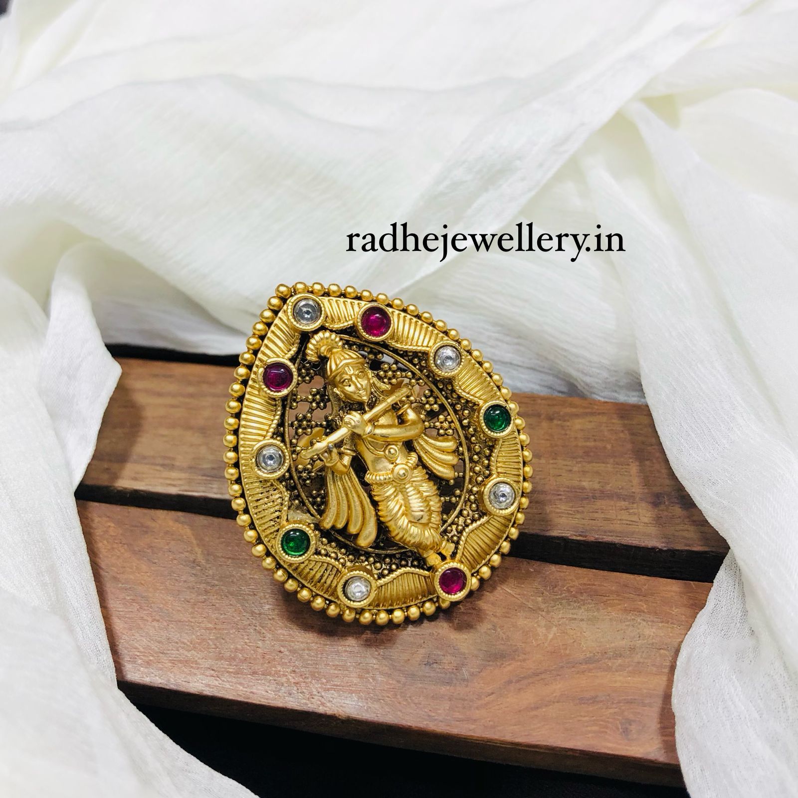 Jai Sri Krishna Rajwadi Finger Ring, Gold Plated, Size Adjustable