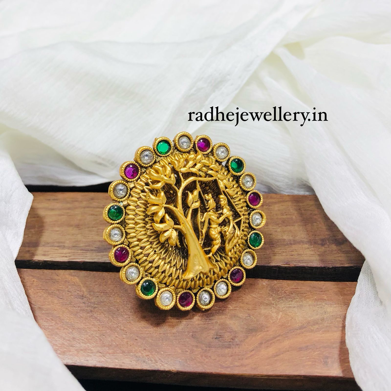 Radhe Krishna Rajwadi Finger Ring, Gold Plated, Size Adjustable