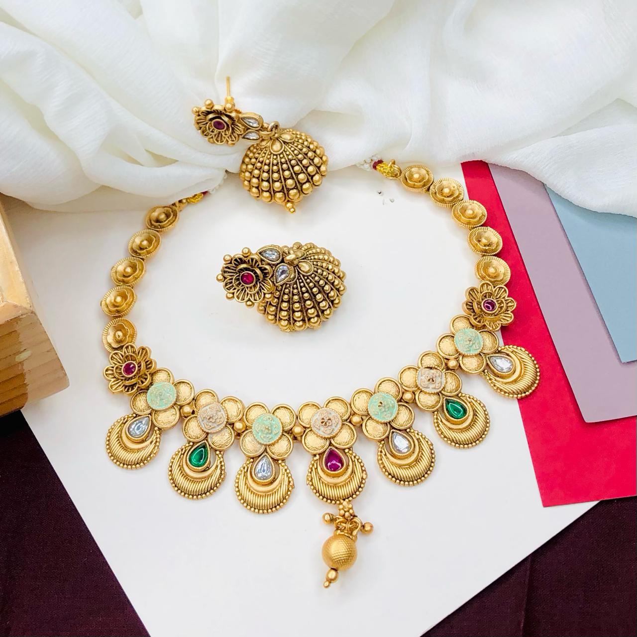 Ethnic Rajwadi Necklace Set, with Earrings, 2 Color Choices