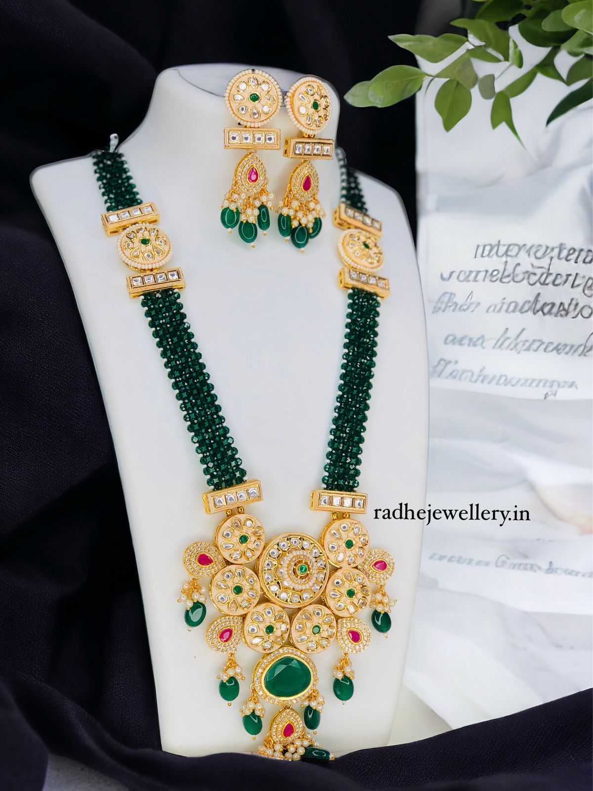 Designer Handmade Multi Layered Beaded Kundan Long Green Necklace Set