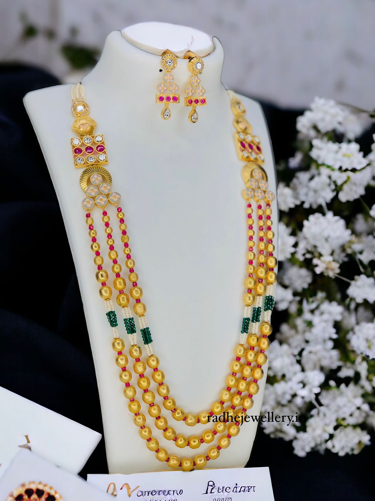 Designer Handmade Multi Layered Beaded Kundan Long Necklace Set