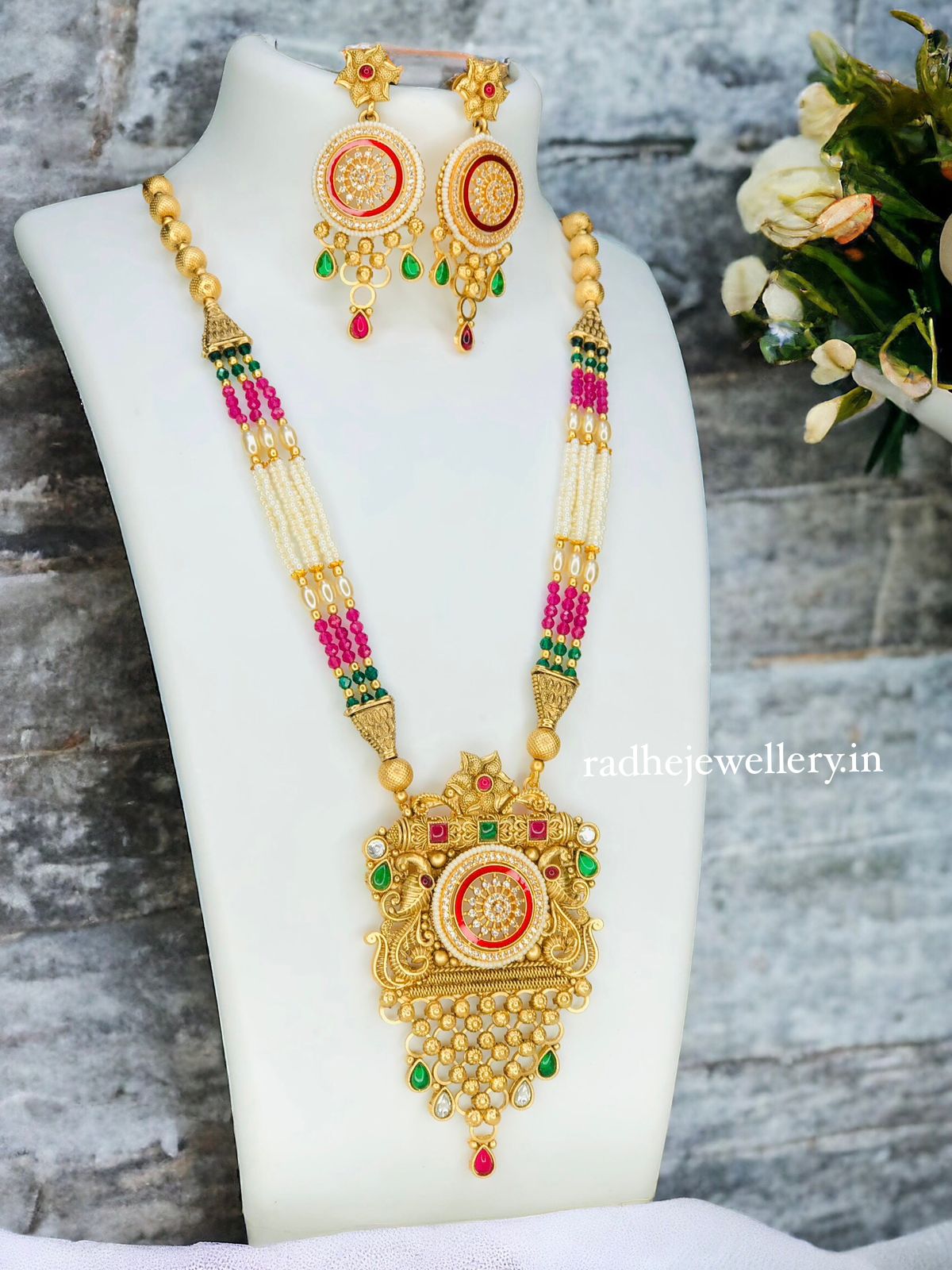 Rajwadi Polish Beautiful Fancy Designer Pendant Party wear Long Necklace Set