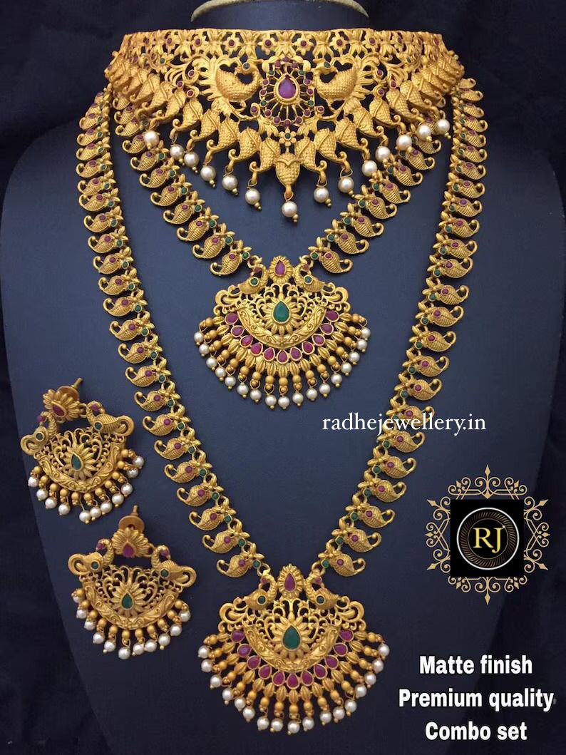 Long Haram and Choker Matte Golden Temple Jewellery Set With Earrings Bridal jewelry, Gold Necklace, South Indian Wedding Party Jewellery