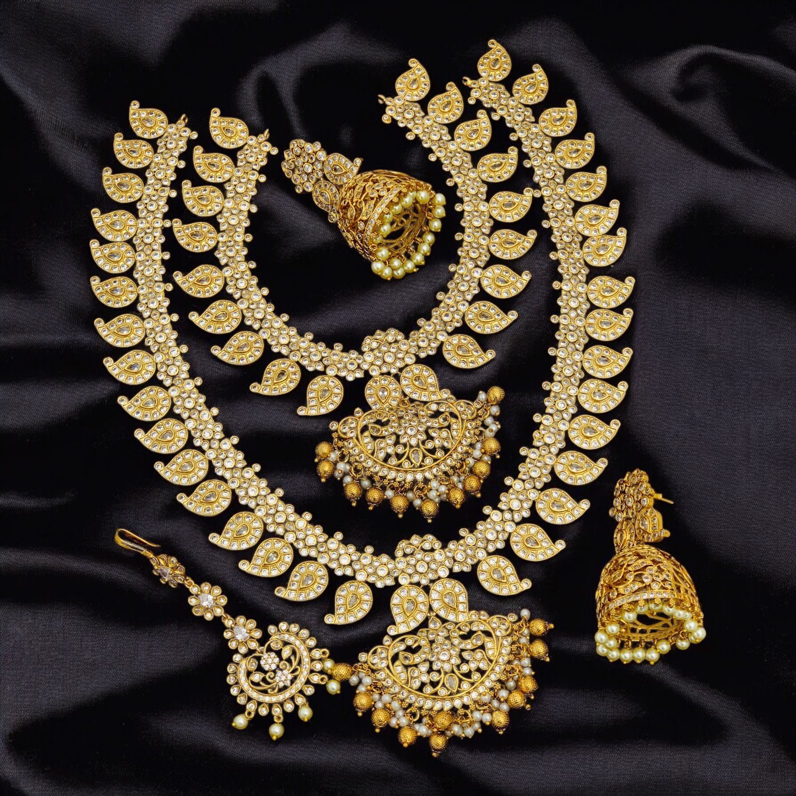 Bridal Combo set / Antique Gold plated Long Haram Choker Necklace Jumka Earring Set / South Indian Wedding Jewelry / AD Stone Jewelry Set