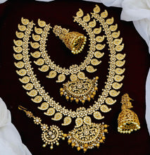 Bridal Combo set / Antique Gold plated Long Haram Choker Necklace Jumka Earring Set / South Indian Wedding Jewelry / AD Stone Jewelry Set