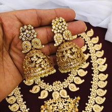 Bridal Combo set / Antique Gold plated Long Haram Choker Necklace Jumka Earring Set / South Indian Wedding Jewelry / AD Stone Jewelry Set