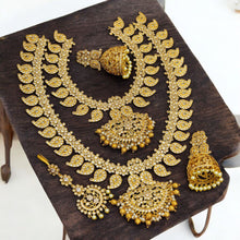 Bridal Combo set / Antique Gold plated Long Haram Choker Necklace Jumka Earring Set / South Indian Wedding Jewelry / AD Stone Jewelry Set
