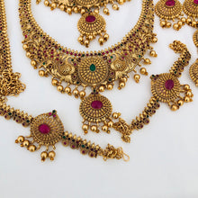 Premium Matt Finish Gold Plated South Indian Bridal Necklace Set With Maangtikka, Hair jewels, Waist Belt, Armlet