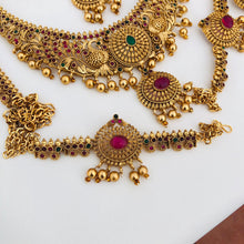 Premium Matt Finish Gold Plated South Indian Bridal Necklace Set With Maangtikka, Hair jewels, Waist Belt, Armlet