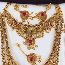 Premium Matt Finish Gold Plated South Indian Bridal Necklace Set With Maangtikka, Hair jewels, Waist Belt, Armlet