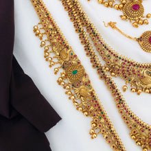 Premium Matt Finish Gold Plated South Indian Bridal Necklace Set With Maangtikka, Hair jewels, Waist Belt, Armlet