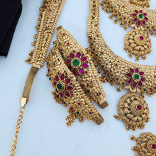 Premium Matt Finish Gold Plated South Indian Bridal Necklace Set With Maangtikka, Hair jewels, Waist Belt, Armlet