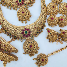 Premium Matt Finish Gold Plated South Indian Bridal Necklace Set With Maangtikka, Hair jewels, Waist Belt, Armlet