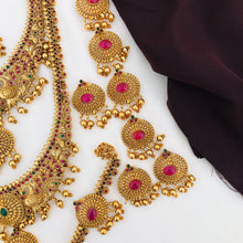 Premium Matt Finish Gold Plated South Indian Bridal Necklace Set With Maangtikka, Hair jewels, Waist Belt, Armlet