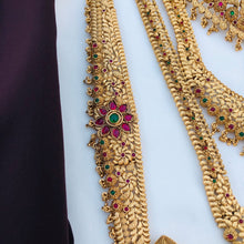 Premium Matt Finish Gold Plated South Indian Bridal Necklace Set With Maangtikka, Hair jewels, Waist Belt, Armlet