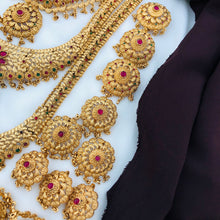 Premium Matt Finish Gold Plated South Indian Bridal Necklace Set With Maangtikka, Hair jewels, Waist Belt, Armlet