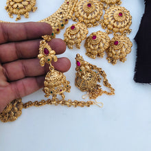 Premium Matt Finish Gold Plated South Indian Bridal Necklace Set With Maangtikka, Hair jewels, Waist Belt, Armlet