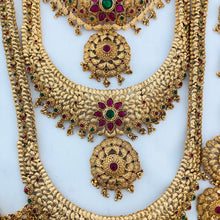 Premium Matt Finish Gold Plated South Indian Bridal Necklace Set With Maangtikka, Hair jewels, Waist Belt, Armlet