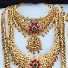 Premium Matt Finish Gold Plated South Indian Bridal Necklace Set With Maangtikka, Hair jewels, Waist Belt, Armlet
