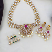 Pearl Studded Beaded Jewelry Necklace With Earrings, Multicolored Stones And hangeable Stone Necklace