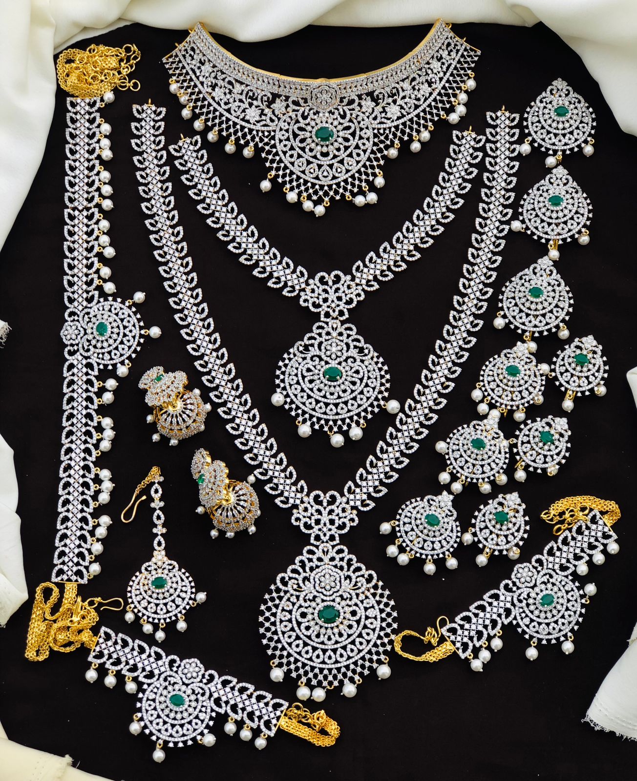 Exclusive Premium Quality CZ stone GJ Polish Full Bridal Set Haram Necklace Set with Earrings and Tikka - Green