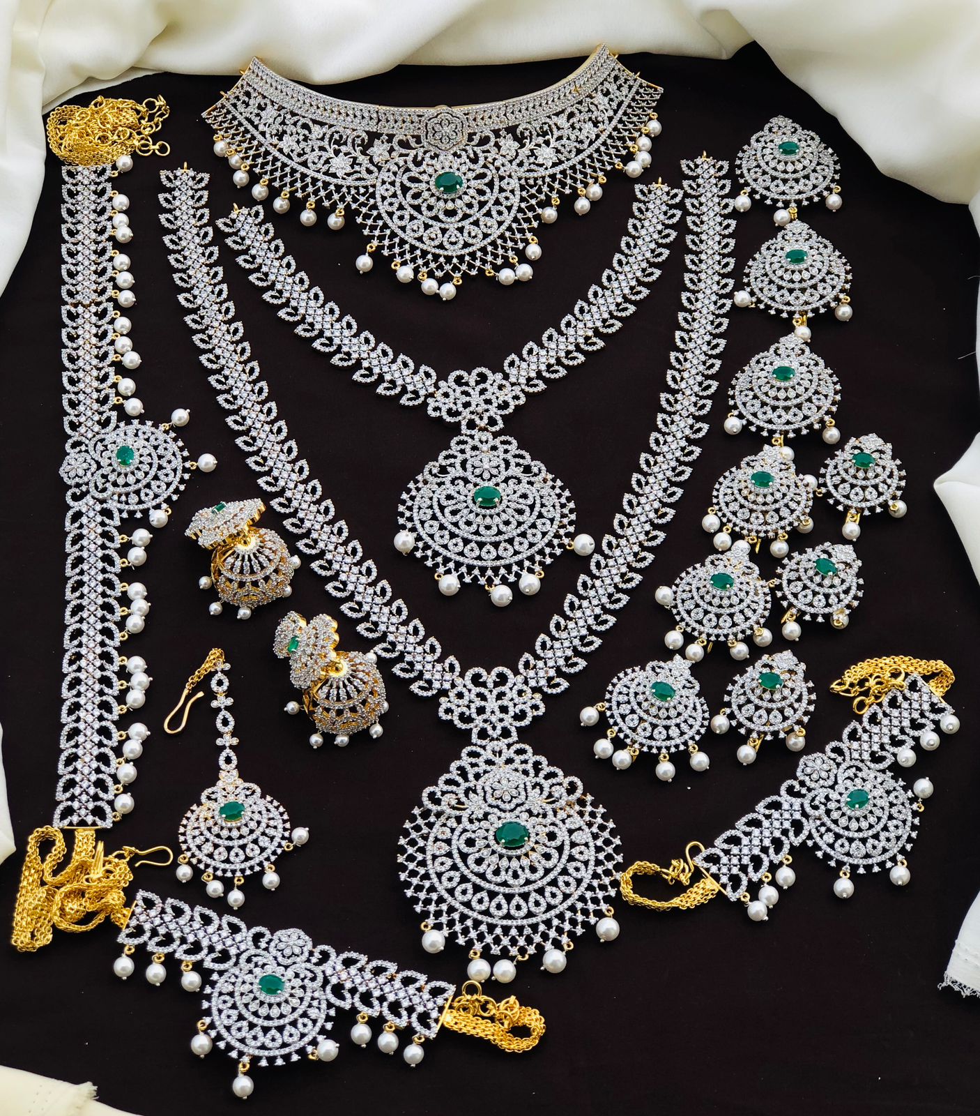 Exclusive Premium Quality CZ stone GJ Polish Full Bridal Set Haram Necklace Set with Earrings and Tikka - Green