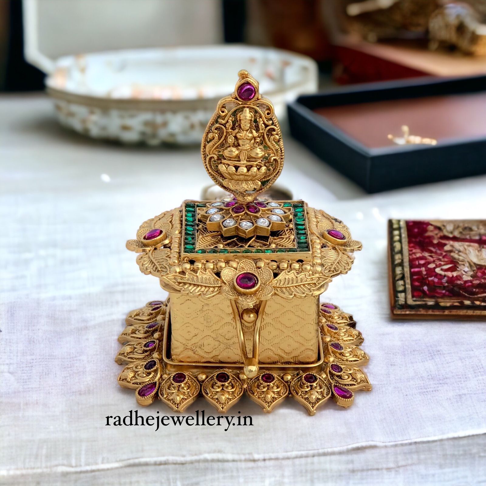 Lakshmi Kumkum Box, With Ruby Stones, Floral Pattern. Sindoor Box